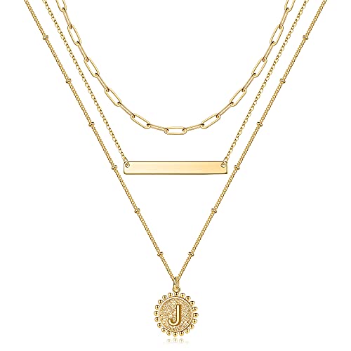 Initial Layered Gold Necklaces for Women, 14K Gold Plated Paperclip Chain Necklaces for Women Jewelry Coin Letter Initial J Necklaces Gold Layering Necklace Dainty Layered Necklaces for Women