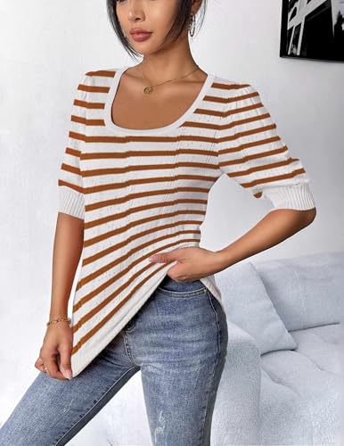 Image of HOTOUCH Sweater for Women 2026 Fall Trendy Puff Tops Casual Eyelet Knit Square Neck Tunic Shirt Blouses White Coffee Stripe L