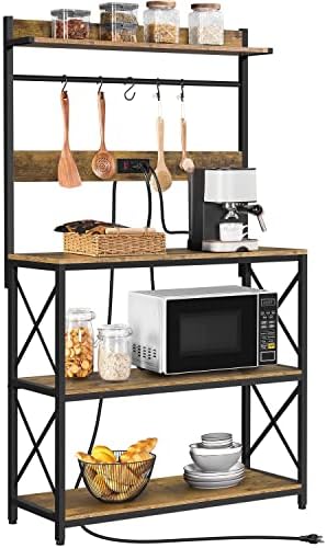 Yaheetech Kitchen Bakers Rack with Power Outlet, 4 Tiers Kitchen Utility Storage Shelf Microwave Stand Coffee Bar Station with 5 Hooks for Kitchen/Dinning Room/Living Room, X Designed, Rustic Brown