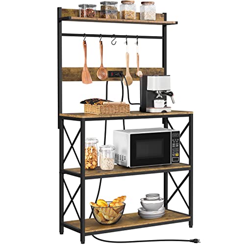 Yaheetech Kitchen Bakers Rack With Power Outlet, 4 Tiers Kitchen Utility Storage Shelf Microwave Stand Coffee Bar Station With 5 Hooks For Kitchen/Dinning Room/Living Room, X Designed, Rustic Brown #TOP28