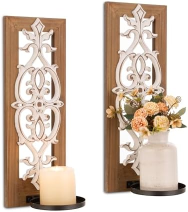 Farmhouse Wood Candle Sconces Wall Decor - Set of 2 Walasis Rusti...