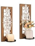 Farmhouse Wood Candle Sconces Wall Decor - Set of 2 Walasis Rustic Wall Candle Holder Decorative Carved Brown Candle Sconce Farmhouse Art Distressed Pillar Candles Holder for Fireplace Decor