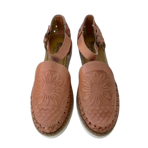 Macarena Collection Sandals women Huarache Sandal Colorful Leather Mexican Style Color Tan Sunflower die cut 0403