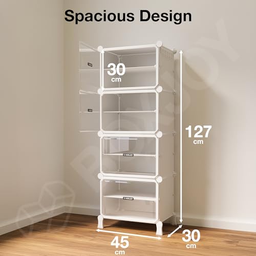 Image of BOXJOY 8 Shelf White Shoe Rack for Home with 4 Transparent Doors, Hard PET Plastic with Metal Door Frame, Shoe Chappal Slipper Sandals Stand