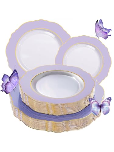 WDF 60pcs Clear Purple Plates Disposable with Gold Rim - Baroque Lavender Purple Plastic Plates for Party/Wedding/Spring Picnic