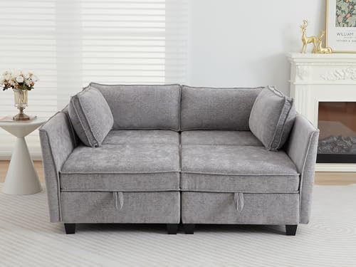 Image of ORRD Sleeper Modular Sectional Sofa Set, Convertible Couch Bed with Storage, 4 Seater and 4 Armrestes Sofa Modular for Living Room, Office (Grey)