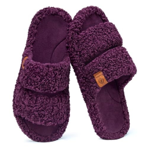EverFoams Womens Fuzzy Open-toe Slippers Soft Comfy Memory Foam Indoor House Shoes Plum Violet,9-10 US