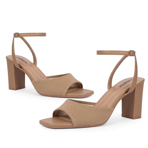 Image of Easyfox Open Toe Chunky Heel Sandals for Women Ankle Strap 3 Inch High Heels Dress Wedding Block Shoes