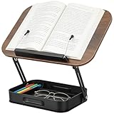 CRROEL Buchständer Holz mit praktischem Stauraum, 360° drehbarer Buchhalter Leseständer, höhenverstellbarer Drehbarer Buchhalter,kratzfreier Seitenclip mit Kugellager,für Büro, Musikpartituren, Kindle