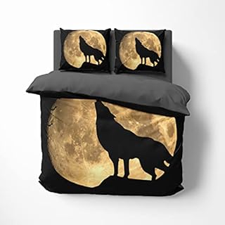 FEBE 3D Wolf Night Moonlight Bedding Single Bed 2-Piece Duvet Cover Set with Pillowcase with Zipper Reversible Soft Microfibre Themed Bedspread
