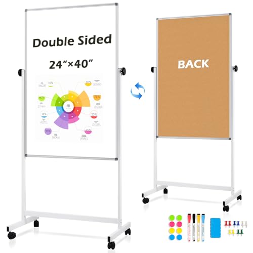 Mobile Whiteboard with Stand, Height Adjustable Rolling White Board, 24"x40" Double-Sided Magnetic Standing Dry Erase Board Large Cork Bulletin Board for Classroom, Home, Office