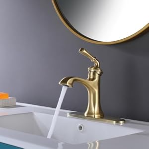   RBROHANT-Brass-Brushed-Gold-Bathroom-Faucets-with-Pop-up-Drain-and-10-Deck-Plate-Single-Handle-Bathroom-Faucet-for-1-Hole-or-3-Hole-Sink-Deck-Mounted-Supply-Lines-Included-BF65007BGPD