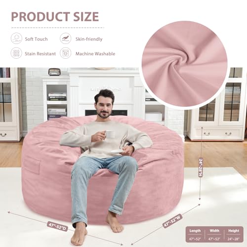 5FT Bean Bag Chair, Large Bean Bag Chairs with Memory Foam Filled, Fluffy Beanbag Sofa with Dutch Velvet Cover, Round BeanBag Chairs for Living Room, Playroom - Light Pink