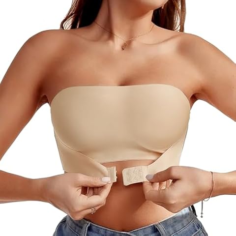 Varsbaby Strapless Bra for Women Front Closure Bandeau Bra Seamless Wireless Non Padded Tube Top Bra(D469TM+P030JD-Beige-L) Cover
