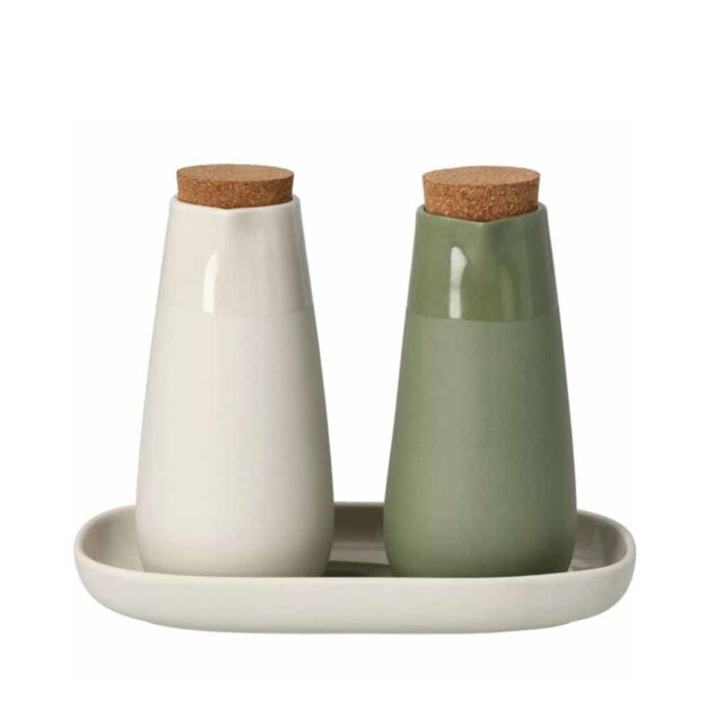 Räder Essig & Öl Menage „Cucina Italiana“ – 3-teiliges Set aus Steinzeug – Ölspender & Essigflasche mit Korkverschluss – Beige & Grün | Steinzeug, Ölspender & Essigflasche, Korkverschluss