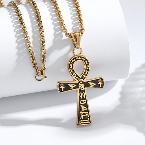 Ankh Cross Pendant Necklace, Ancient Egyptian Key of Life, Coptic Amulet of Protection, Stainless Steel Jewelry for Men and Women, 24-Inch Chain, Available in Black, Gold, Silver3