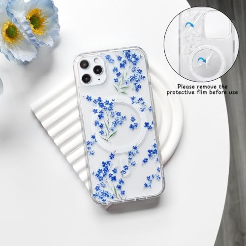 NITITOP Compatible with iPhone 11 Pro Max Case Clear Magnetic Compatible with MagSafe Cute Flowers Floral Leaves for Women Girls Floral Hard PC Back Shockproof Protective Phone Cover - Blue by NITITOP - Image 4