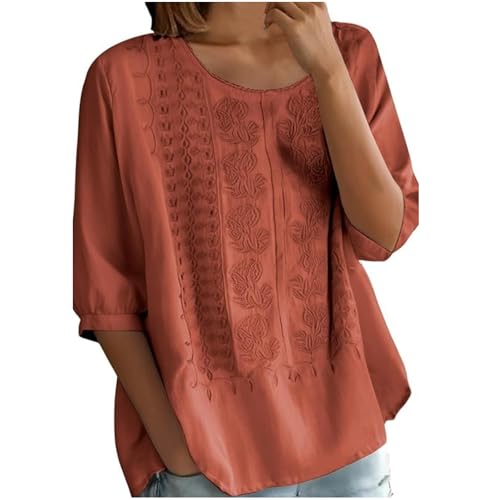 Vintage Textured Embroidered Tee Cotton Linen Shirts for Women Trendy Retro Embroidered 3/4 Sleeve Boho Blouse Dressy Casual Bohemian Tops Loose Tunics