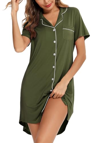 Image of Samring Pajama Nightgown for Women Short Sleeve Button Down Boyfriend Night Gown Nightdress Sleep Shirts