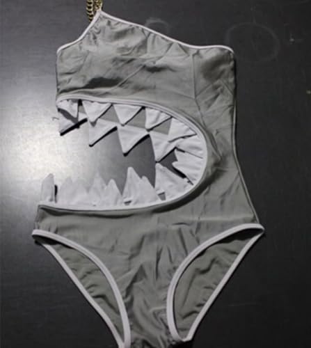 Shark Bite One Shoulder Swimsuit for Girls, One Piece Bathing Suit with Chain Straps, Gray4