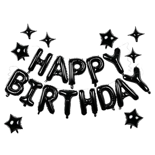 Image of Black Happy Birthday Balloons Banner 16 Inch Mylar Foil Letters, 10 Inch Five & Four Star, Inflatable Party Decor and Birthday Decorations for Women, Men, Boys & Girls Kids and Adults, Party Supplies
