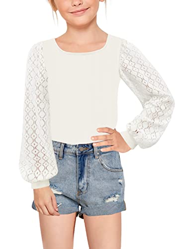 Image of Geckatte Girls Long Sleeve Shirts Square Neck Ribbed Blouse Lace Tops | Casual, Solid, Kids Cute Lace Puff Sleeve Tees, Lantern Long Sleeve, Ribbed Knit T Shirts, 5-14 Years