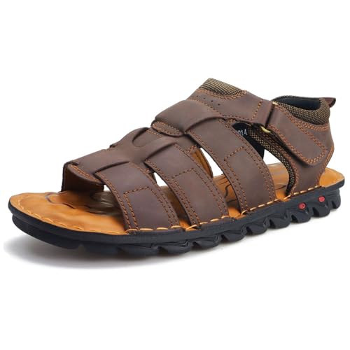 VOCECO Men's Open Toe Causal Leather Fisherman Adjustable Lightweight Outdoor Summer Beach Sandals