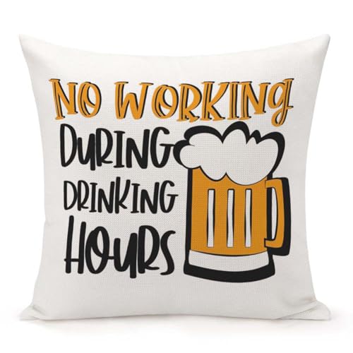 Jiaopenyou Throw Pillow Cover 18x18 Inch,No Working During Drinking Hours Funny Saying with Beer Mug Throw Pillow Case,Home Decor Cushion Covers for Sofa Living Room Couch Bed