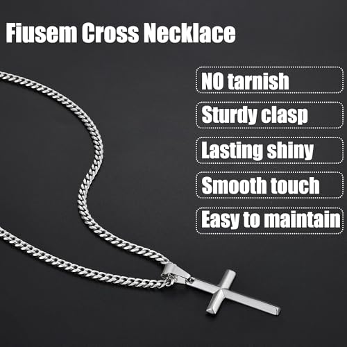 Image of Fiusem Silver Tone /Black /14K Gold Plated Cross Necklace for Men, Beveled Edge Pandent Mens Necklace, 3.5MM Stainless Steel Cuban Chain, 16-24 Inches Jewelry Gifts