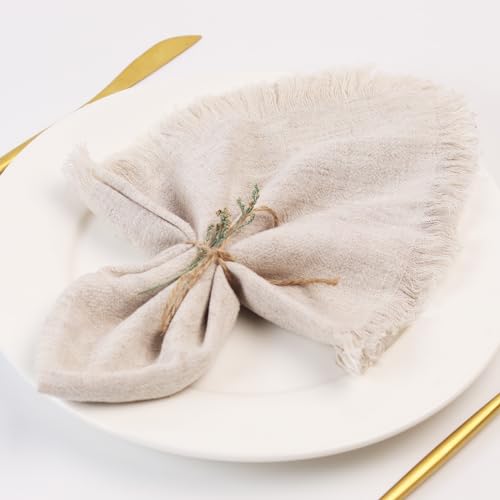 Dololoo Servilletas de tela hechas a mano con flecos, 18 x 18 pulgadas, juego de 6 servilletas de lino de algodón versátiles hechas a mano cuadradas rústicas para cenas, bodas y fiestas, lino natural