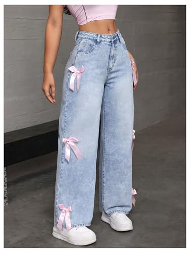 MakeMeChic Women's Bow Knot Zip Up Denim Pants Loose Fit Button Front Straight Leg Jeans3