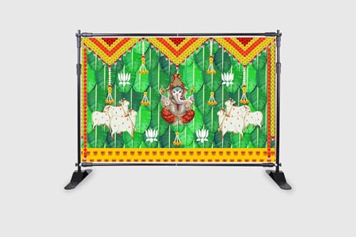 Image of Banana Leaf and Marigold and Lotus Flower with Cows and Ganesh ji Design Backdrop Cloth for Pooja Decoration Curtain for Festival Size 5Feet Height and 8Feet Width(5 * 8)