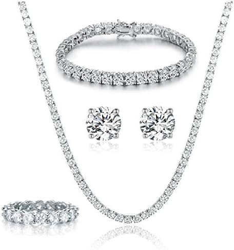 Gemsme 18K White Gold Plated Tennis Necklace/Bracelet/Earrings/Band Ring Sets Pack of 4 (7)