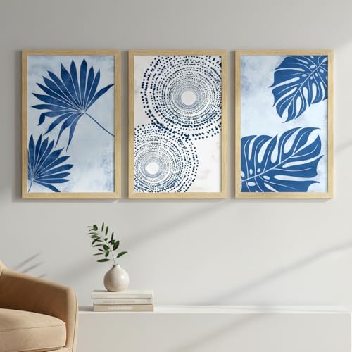 Image of ArtX Paper Boho Leaf Paintings For Wall Decoration, Abstract Home Decor Wall Art, Hotel Wall Painting for Living Room, Multicolor, Natural Wood Color Frames, 12.0x18.0 inch, Set of 3