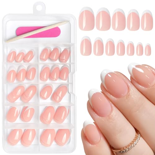 GlamRays 120 uñas postizas de uñas postizas acrílicas postizas de punta francesa, cortas, ovaladas, blancas, de almendra, para mujeres y niñas (nude y blanco)