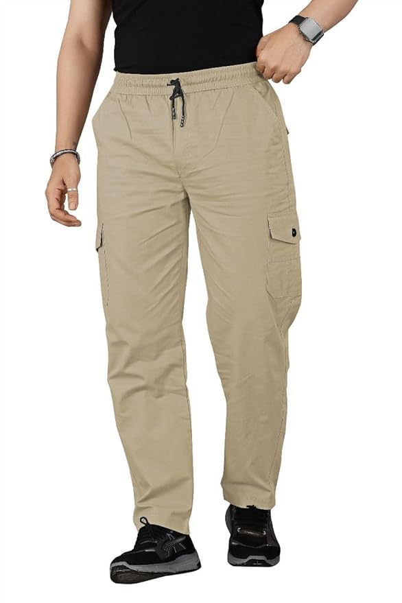 Men's Cotton Cargo Pants | Solid Casual Track Pants with Elastic Waist & Drawstring | Multi-Pocket Trousers, Travel & Outdoor Activities-picture-12
