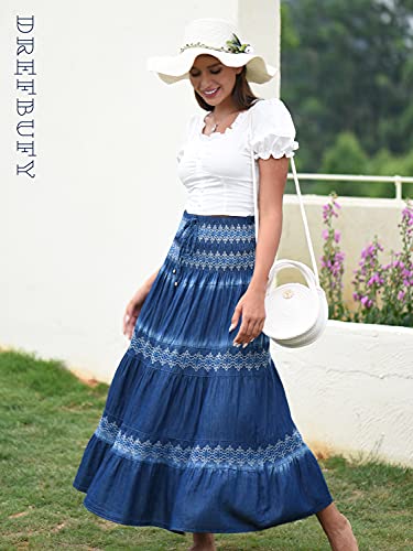 DREFBUFY Maxi Skirt Womens High Waist Pleated Tiered Long Skirts Denim Casual Style Midi Dress for Women2