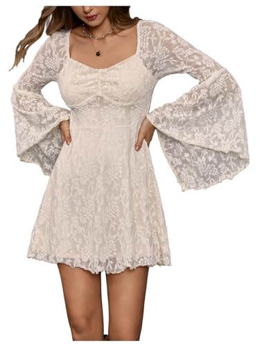 WDIRARA Women's Floral Jacquard Mesh Gothic Dress Bell Long Sleeve A Line Vintage Dresses Beige...