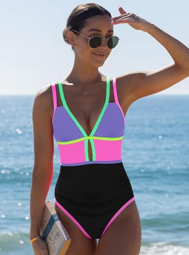 Image of popvil Women One Piece Swimsuit 2026 Tummy Control Sexy Cutout Neon Color Block Bathing Suit Slimming Adjustable Swimwear