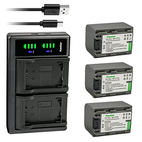 Kastar 3-Pack Battery NP-FP70/FP71 and LTD2 USB Charger Compatible with Sony DCR-HC21 DCR-HC22 DCR-HC23 DCR-HC24 DCR-HC26 DCR-HC28 DCR-HC30 DCR-HC32 DCR-HC33 Camera, NP-FP51 NP-FP71 NP-FP91 Battery