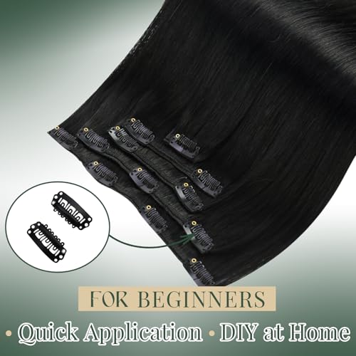 Image of Ugeat Clip in Hair Extensions Real Human Hair Jet Black 12 Inch 5pcs 85g