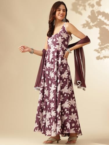 Image of Floral Anarkali Sleeveless Kurta with Dupatta, Maroon and White