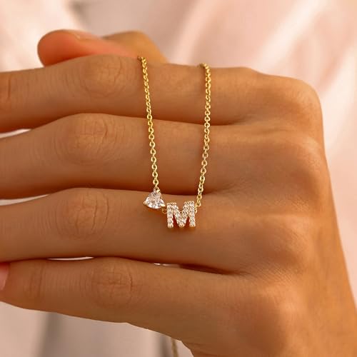 Initial Heart Necklaces for Women - Dainty Cute Necklace Small Layered 14K Gold Plated A-Z Letter CZ Pendant Trendy Satellite Chain Necklaces for Women Non Tarnish Gold Jewelry Set Gift