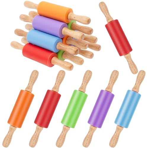 Confezione da 10 mattarelli piccoli in silicone, 22,9 cm, mattarelli in legno, per bambini, antiaderenti, con manico in legno, per la cucina di casa (5 colori)