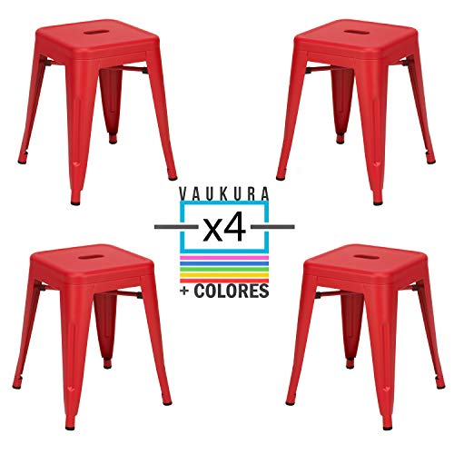 Vaukura Taburete Bajo Tolix (Pack 4) - Taburete Industrial Metálico Mate (Rojo)