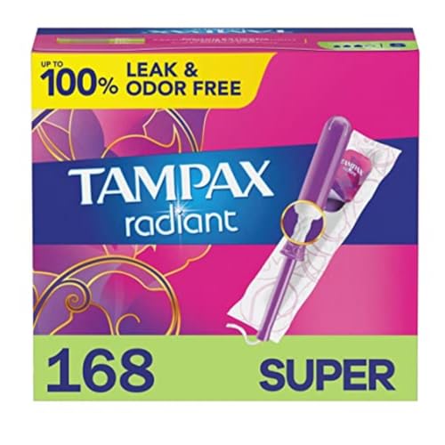 Image of Tampax Radiant Tampons, Super Absorbency, with Leakguard Braid, Unscented, 28 Count X 6 Packs (168 Total Count)