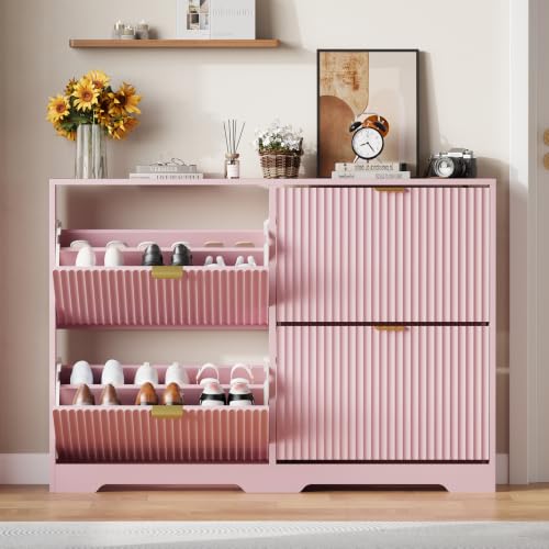 Image of HUANLEGO Shoe Cabinet Storage for Entryway with 4 Flip Drawer, Pink