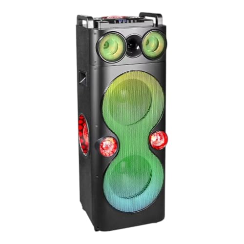 QFX PBX-1260 Dual 12' Party Speaker with Rechargeable Battery and LED Lights, Microphone, USB & AUX-in Input, FM Radio, Treble Bass & Echo Controls, 6-8 Hours Battery Life (Renewed)