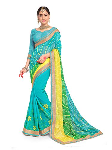 Heart N Soul, sari indiani di Bollywood per le donne in finta georgette ricamato sari con camicetta non cucita Foglia di t Etichettalia unica