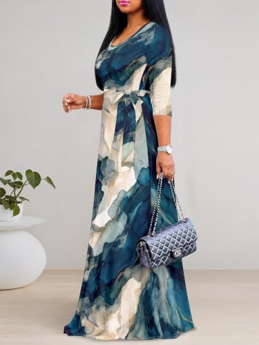 Image of PinkPatty Plus Size Maxi Dress for Women Casual V Neck 3 /4 Sleeve Boho Printed Long Dress with Pockets